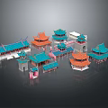 Traditional Ancient Architecture Models With Blue And Orange Roofs And Classic Structures 3d model