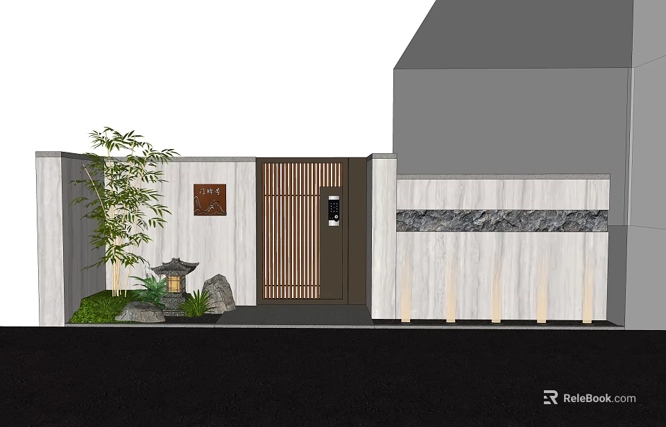 Traditional Japanese Entrance Gate With Wooden Lattice Bamboo Stone Lantern And Wall 3d model 