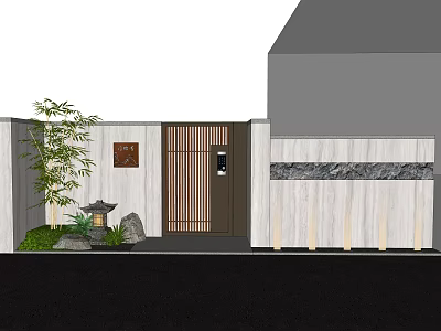 Traditional Japanese Entrance Gate With Wooden Lattice Bamboo Stone Lantern And Wall 3d model