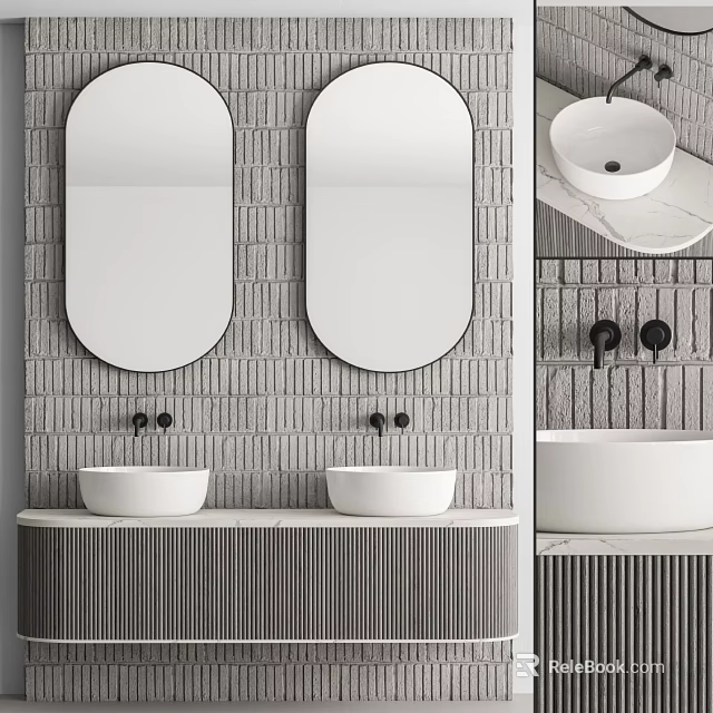 Double Oval Mirrors Above Grey Brick Wall Washbasin Vanity With White Basins And Black Faucets 3d model 