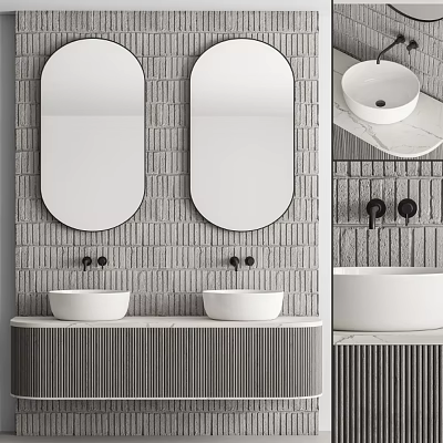 Double Oval Mirrors Above Grey Brick Wall Washbasin Vanity With White Basins And Black Faucets 3d model