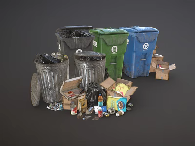 Colorful Trash Bins With Recyclable Waste Cardboard Boxes And Plastic Bottles 3d model