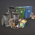 Colorful Trash Bins With Recyclable Waste Cardboard Boxes And Plastic Bottles