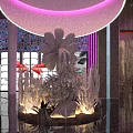Fantasy Bar Interior with Purple Lighting Circular Decor Large Floral Sculpture and Reflective Floor
