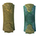 Ornate Decorative Coffins With Gold Green Accents And Intricate Carvings On Wheel Bases