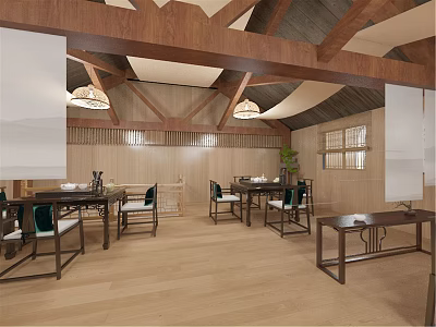 Traditional Tea House Interior With Wooden Beams Hanging Lamps Tables And Wooden Floor 3d model