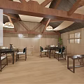 Traditional Tea House Interior With Wooden Beams Hanging Lamps Tables And Wooden Floor