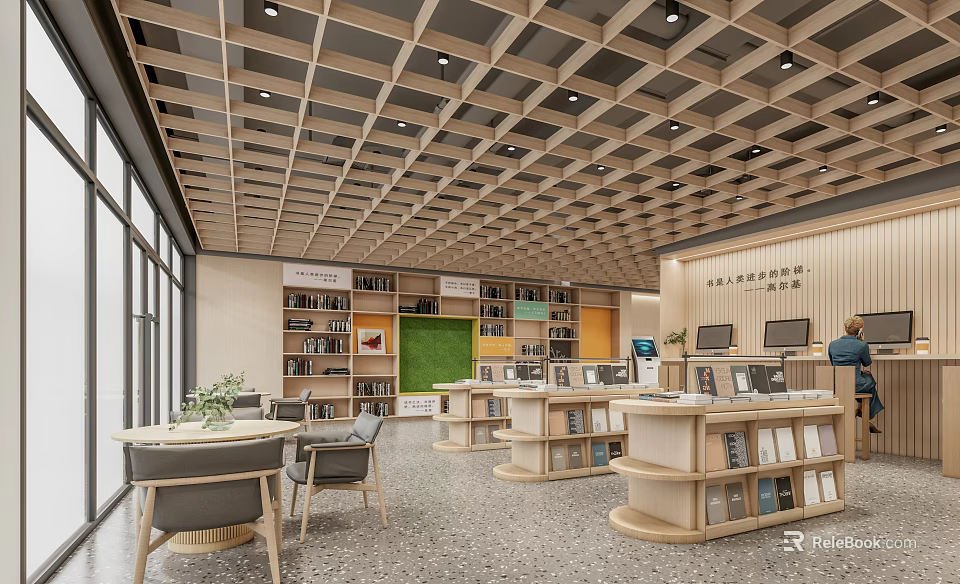 Artistic Bookstore Interior Design With Book Art Displays Wooden Ceiling And Bookshelves 3d model 