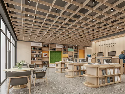 Artistic Bookstore Interior Design With Book Art Displays Wooden Ceiling And Bookshelves 3d model