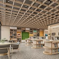 Artistic Bookstore Interior Design With Book Art Displays Wooden Ceiling And Bookshelves