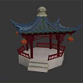 Cartoon Scene of Traditional Chinese Pavilion With Curved Roof Red Lanterns Red Railings White Base