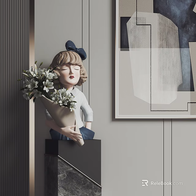 Girl Sculpture with Blue Bow Holding Flower Bouquet on Black Stand and Abstract Painting 3d model 