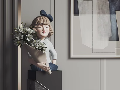 Girl Sculpture with Blue Bow Holding Flower Bouquet on Black Stand and Abstract Painting 3d model