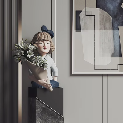 Girl Sculpture with Blue Bow Holding Flower Bouquet on Black Stand and Abstract Painting 3d model