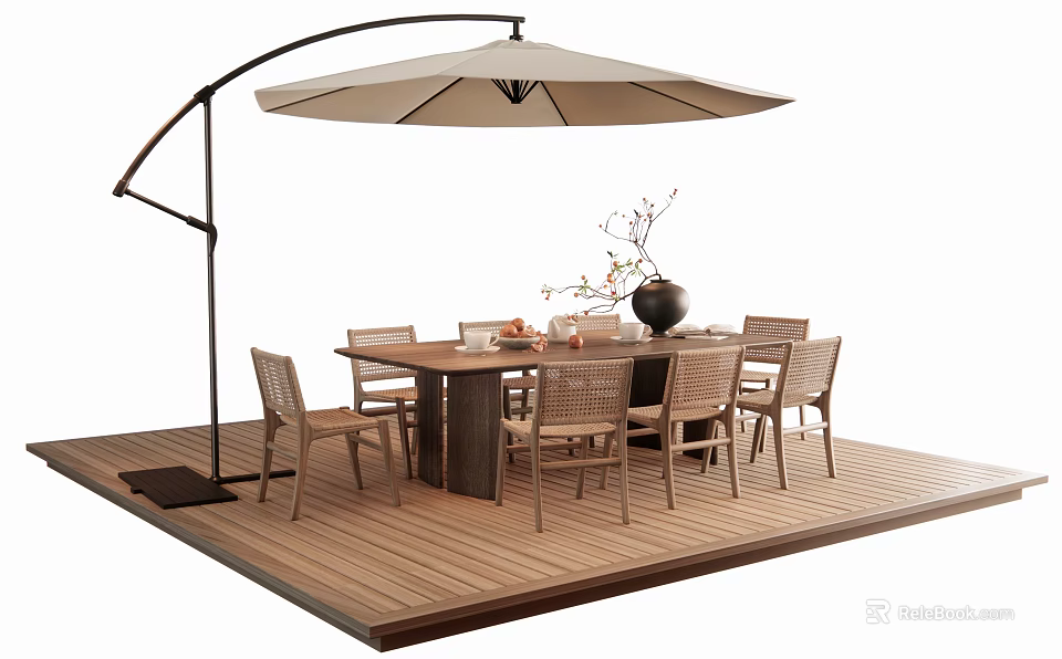 Round Outdoor Dining Table With Wicker Chairs Wooden Deck And Patio Umbrella 3d model 