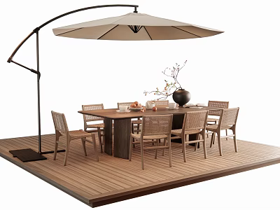 Round Outdoor Dining Table With Wicker Chairs Wooden Deck And Patio Umbrella 3d model