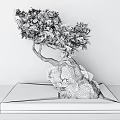 Elegant Bonsai Plant with Curved Trunk Green Leaves and Roots on Black Golden Edge Base