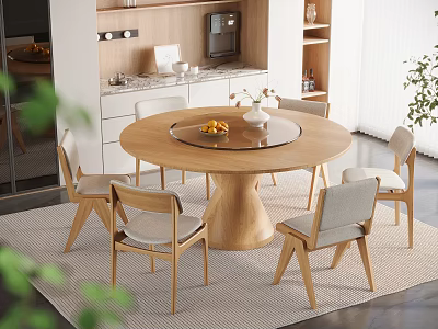 Modern Wooden Dining Table Set with Round Top Six Gray Cushioned Chairs Open Kitchen 3d model