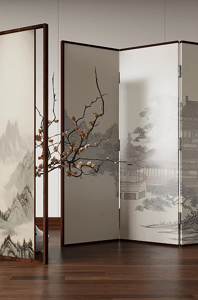 Chinese Traditional Wooden Screen With Multiple Panels And Landscape Paintings Design 3d model