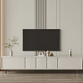 Modern White TV Stand With TV Decorative Items And Light Vertical Striped Wall