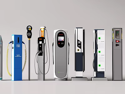 Modern Public Electric Vehicle Charging Stations With Various Models And Charging Ports 3d model