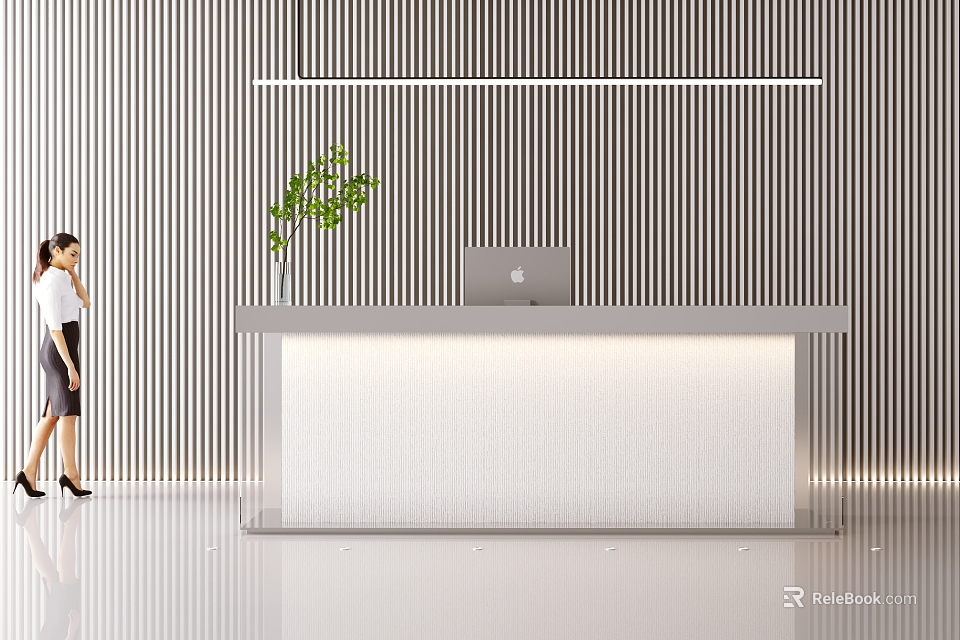 Modern Reception Desk With Receptionist Green Plant And Computer In Lobby Area 3d model 