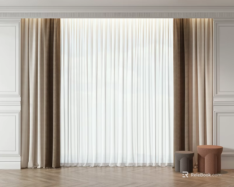 Beige And White Layered Curtains With Sheer And Velvet Fabric For Modern Window 3d model 