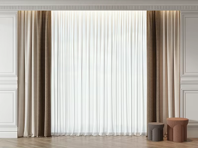 Beige And White Layered Curtains With Sheer And Velvet Fabric For Modern Window 3d model