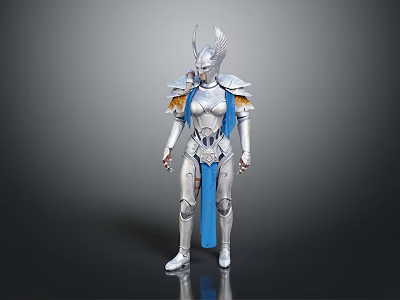 3D Model Of Mythical Character In Silver Armor With Blue Cape And Horned Helmet 3d model
