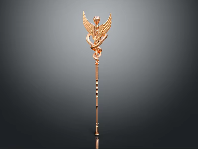 Golden Decorative Weapon Scepter With Wings And Snake Ornament Design 3d model