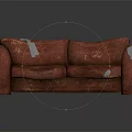 Worn Red Two-Seater Sofa with White Tape Patches on Dark Background