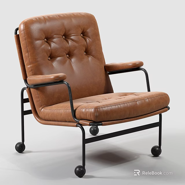 Brown Leather Office Chair with Tufted Backrest and Seat and Black Metal Frame Wheels 3d model 