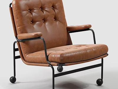Brown Leather Office Chair with Tufted Backrest and Seat and Black Metal Frame Wheels 3d model