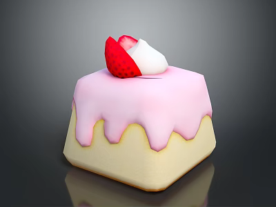 Square Cake With Pink Dripping Frosting Topped With Strawberry And White Cream 3d model