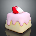 Square Cake With Pink Dripping Frosting Topped With Strawberry And White Cream
