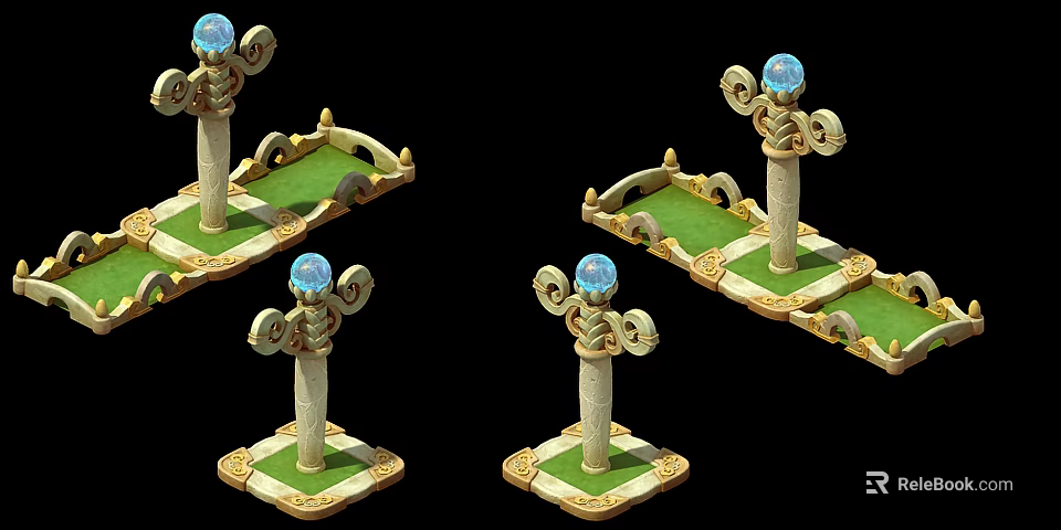 Decorative Pillars With Blue Gemstones Green Base And Golden Ornamental Carvings 3d model 