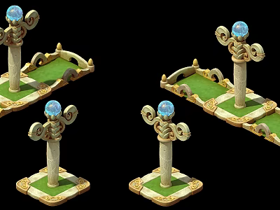 Decorative Pillars With Blue Gemstones Green Base And Golden Ornamental Carvings 3d model