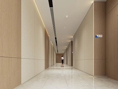 Modern Spacious Office Corridor With Beige Wood Grain Walls Floor Tiles And Ceiling Light Strips 3d model