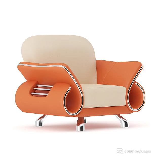 Modern Single Sofa With Orange Frame Beige Upholstery And Silver Metal Legs 3d model 