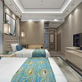 Modern Hotel Guest Room With Twin Beds Green Curtains And Night View Decorative Paintings