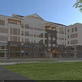 Modern Office Building Exterior With Large Glass Windows Stone Walls And Green Surrounding Lawn