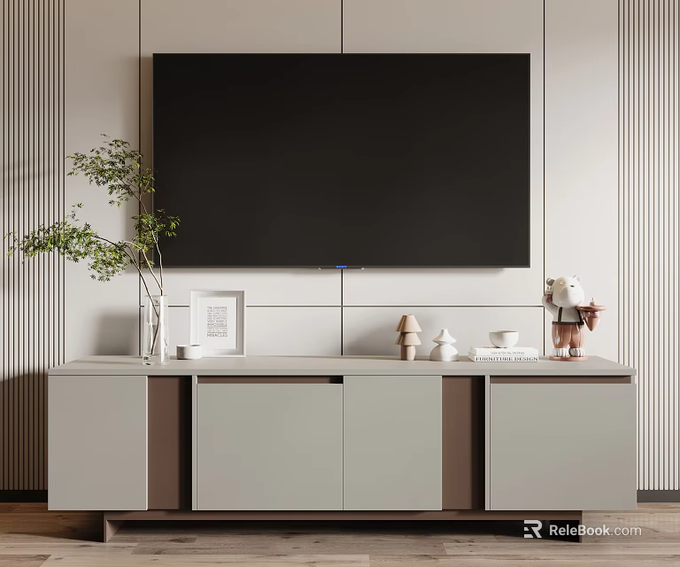 Modern TV Stand With Storage Cabinets Decorative Ornaments Potted Plant And Photo Frame 3d model 