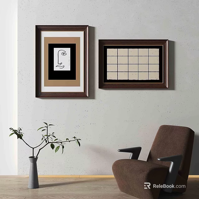 Abstract Paintings in Brown Frames on White Wall with Brown Chair and Vase with Foliage 3d model 