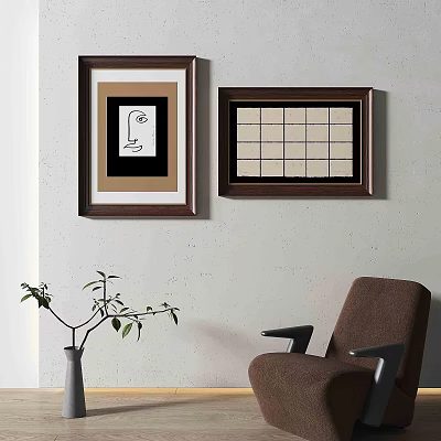 Abstract Paintings in Brown Frames on White Wall with Brown Chair and Vase with Foliage 3d model