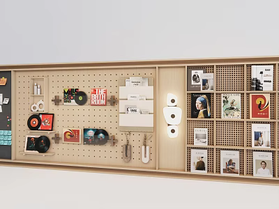 Modern Wooden Open Display Shelf Featuring Decorative Ornament Combination With Records Books And Photo Frames 3d model
