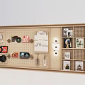 Modern Wooden Open Display Shelf Featuring Decorative Ornament Combination With Records Books And Photo Frames