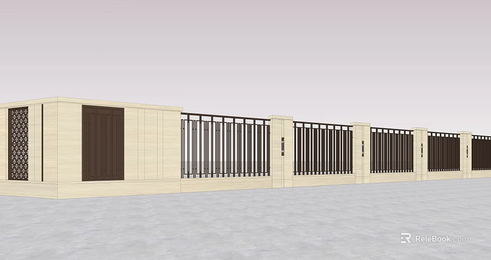 Contemporary Stone Wall With Black Metal Railings And Entrance Gate Design 3d model 
