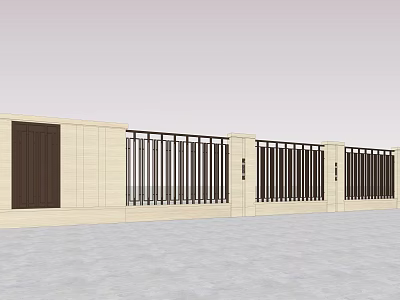 Contemporary Stone Wall With Black Metal Railings And Entrance Gate Design 3d model