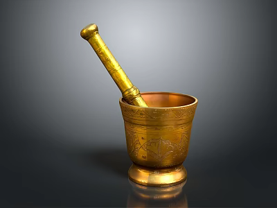 Brass Mortar and Pestle with Carved Patterns and Stable Base for Kitchen Use 3d model