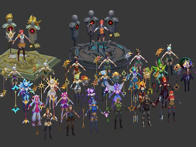 Diverse Game And Movie Characters With Colorful Costumes And Unique Weapons 3d model